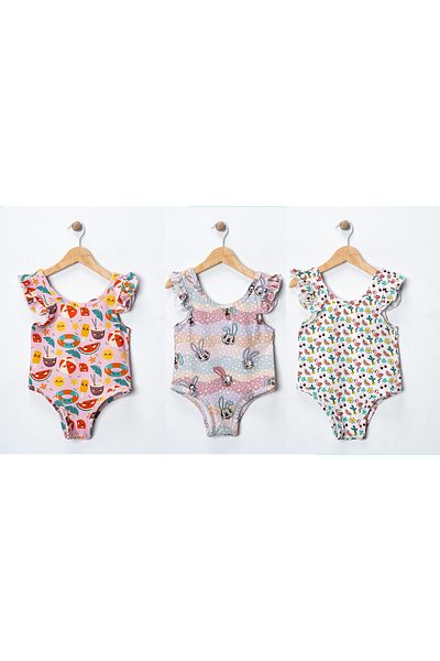 minikiss 3 Pcs Girls Printed Ruffle Swimsuit
