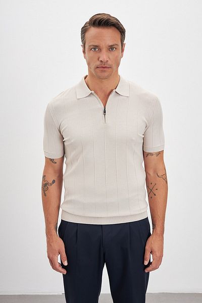 Paşahan Zippered Polo Neck Stripe Patterned Knitwear Men's T-Shirt