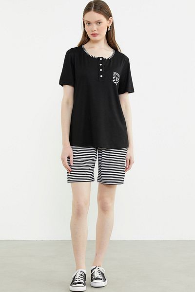 Sementa Marine Detailed Striped Shorts Suit - Black