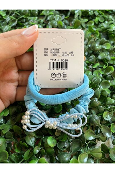 PONÇİK ACCESSORİES مجموعة مطاطية زرقاء مكونة من قطعتين مع تفاصيل فيونكة ولؤلؤ