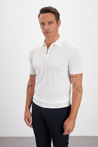 Paşahan Zippered Polo Neck Stripe Patterned Knitwear Men's T-Shirt