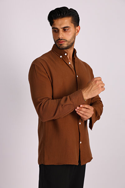 JAKOTTO Breathable Lapel Button Detail Muslin Fabric Long Sleeve Men's Shirt