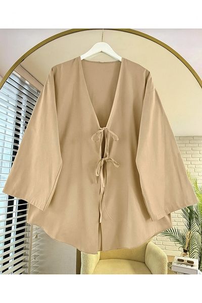 Giyim Gezegeni Kimono Tunic with Tie Front Stone Color Oversize New Season Comfortable Fit with Tie Front