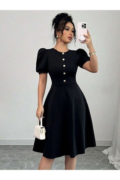 JANES Women's Short Sleeve Crew Neck Front Button Crepe Dress