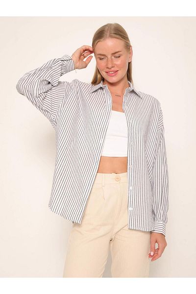 Coral Long Striped Back Shirt White - Black