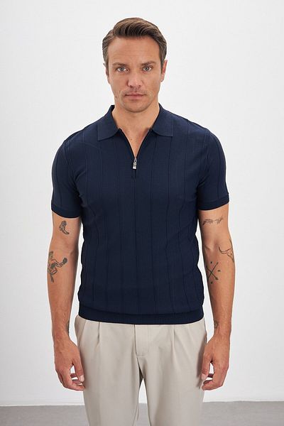 Paşahan Zippered Polo Neck Stripe Patterned Knitwear Men's T-Shirt