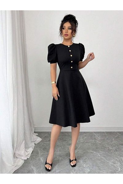 JANES Women's Short Sleeve Crew Neck Front Button Crepe Dress