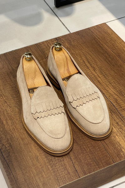 NAZEF Special Production Stitched Neolite Sole Fringed Suede Leather Beige Loafer Shoes
