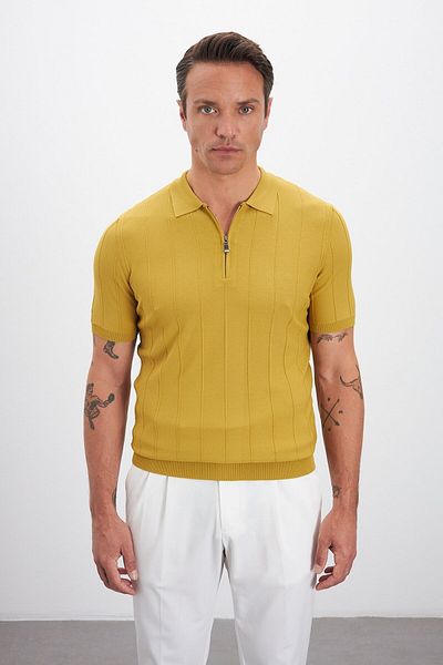 Paşahan Zippered Polo Neck Stripe Patterned Knitwear Men's T-Shirt