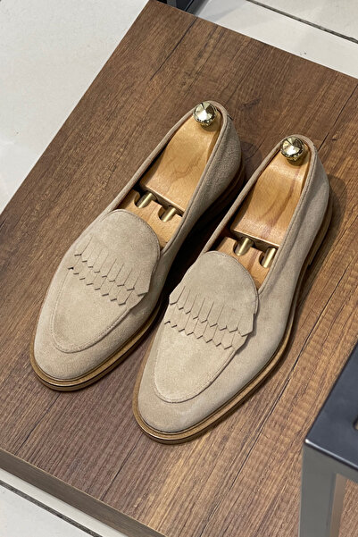 NAZEF Special Production Stitched Neolite Sole Fringed Suede Leather Beige Loafer Shoes