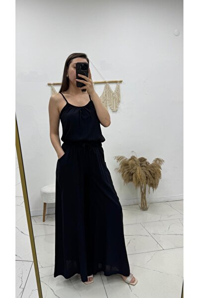 MODA بدلة نسائية مكونة من قطعتين - بلوزة بحمالات حبل؛ بنطلون واسع الساق مع جيوب