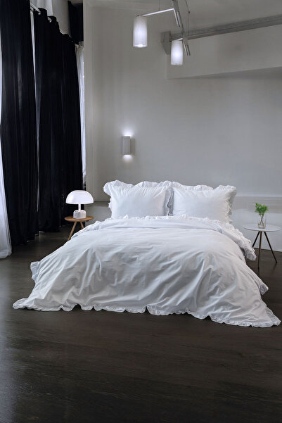 FAVORA Naturis Premium 100% Cotton Ruffled Double Duvet Cover Set - White