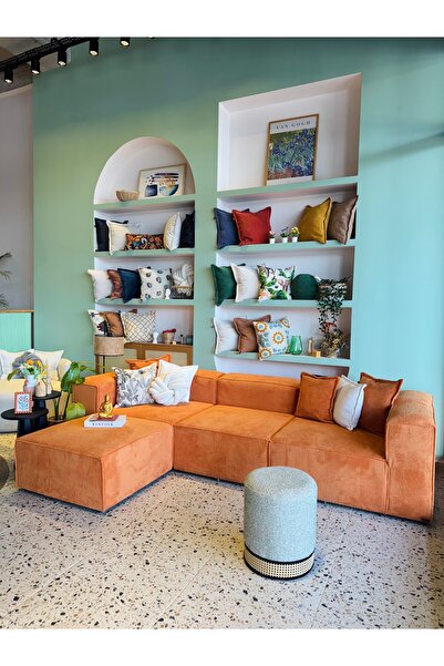 S Home Design Concept Frida 4 Modül Pofidik Modüler Kanepe L Köşe Koltuk Takımı, Dokulu Kadife Turuncu 295x190 Cm