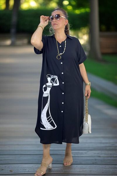 yagmurberen Front to Back Buttoned Figure Printed Short Sleeve Cotton Viscosin Large Size Summer Dress