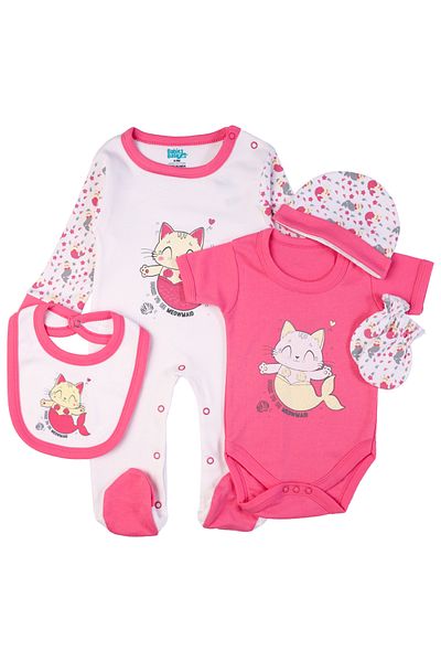 Babies Basic 5 piece New Born Set include Bib, Romper, Mittens, Cap, Sleepsuit- Meowmaid, Red