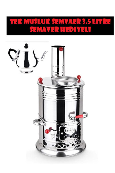 KÜÇÜKHOME Tek Musluklu Demlik Hediyeli Odunlu Kömürlü Çay Semaveri 3.5 Litre - Demlik 1 Litre