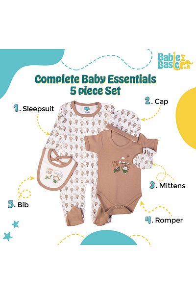 Babies Basic 5 piece New Born Set include Bib, Romper, Mittens, Cap, Sleepsuit- I can Fly, Grey