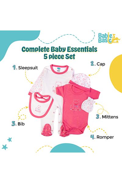 Babies Basic 5 piece New Born Set include Bib, Romper, Mittens, Cap, Sleepsuit- Teddy, Red