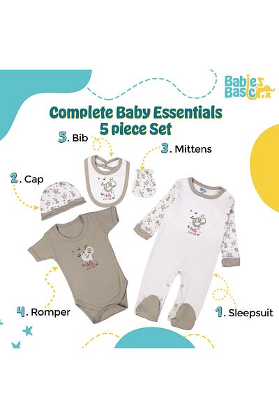 Babies Basic 5 piece New Born Set include Bib, Romper, Mittens,Cap,Sleepsuit- Hello Little One,Grey