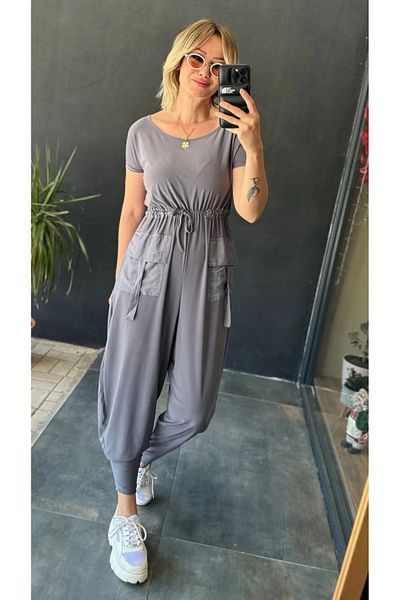 Butik Ayseba Women's Gray Pocket Short Sleeve Sports Jumpsuit