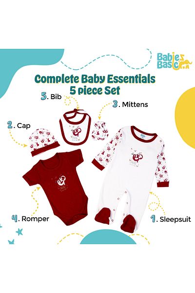 Babies Basic 5 piece New Born Set include Bib, Romper, Mittens, Cap, Sleepsuit- Hello Little One,Red