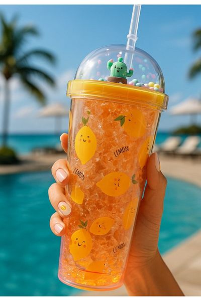 BiTon Toptan Beach Themed Water Bottle with Straw, Frosted Glass Appearance, Led Light, 450 ml Double Layer Mica 2768