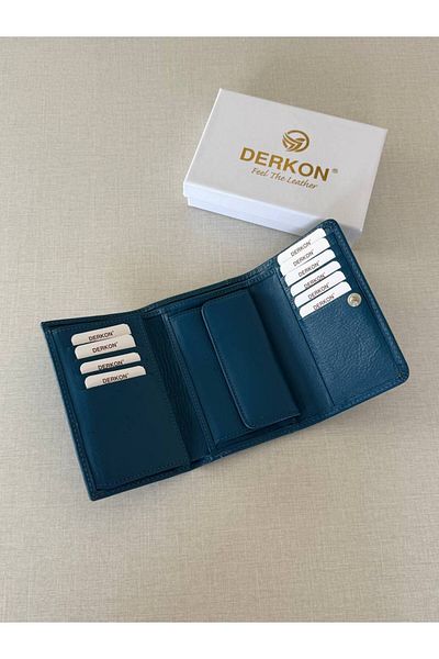 DERKON Medium Size Genuine Leather Women's Wallet Petrol Blue