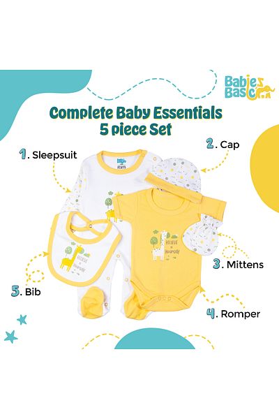 Babies Basic 5 piece New Born Set include Bib, Romper, Mittens, Cap, Sleepsuit- Believe in Yourself