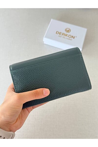 DERKON Orta Boy Hakiki Deri Kadın Cüzdanı Haki Yeşil