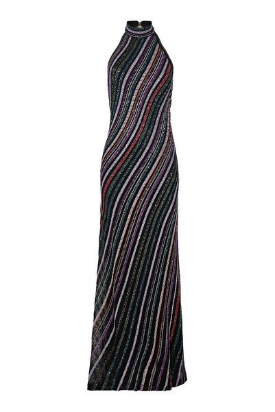 Missoni Çizgili Payetli Triko Maksi Elbise Slim Kesim