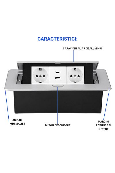 ATOMKIT Built-in socket with countertop, 2 EU inputs, USB-A and USB-C, 2.1A, Lift button, Silver