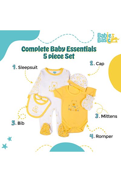 Babies Basic 5 piece New Born Set include Bib, Romper, Mittens, Cap, Sleepsuit- Teddy, Yellow
