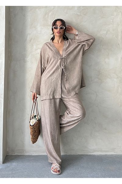 MD trend Women's Lace-Up Kimono - Pants Set