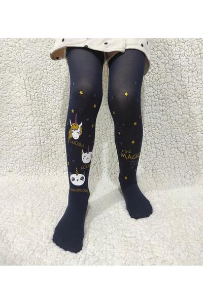 DÜVEN Чорапогащник за момичета с мус Unicorn Party средно гъст - Unicorn Party тъмносин чорапогащник