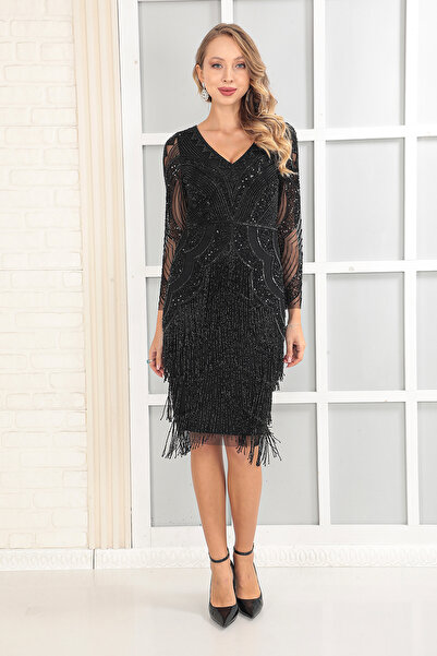 GATSBYLADY LONDON Beaded Fringe Rose Midi – Black Long Sleeve Evening Dress