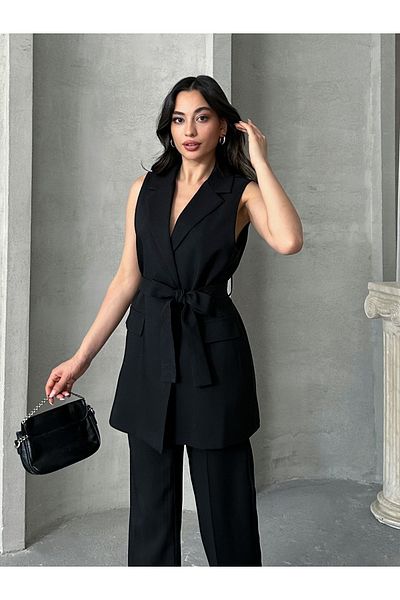 MD trend Women's Belted Buttoned Vest Pants Suit