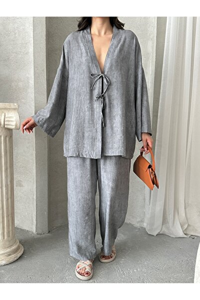 MD trend Women's Lace-Up Kimono - Pants Set