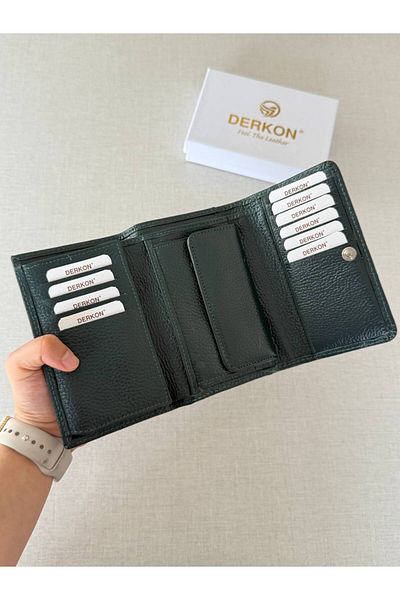 DERKON Medium Size Genuine Leather Women's Wallet Khaki Green