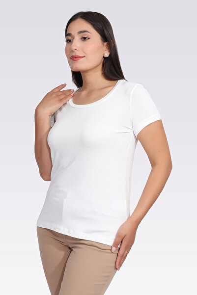 TOLGA SARAÇOĞLU 10976 Ecru Crew Neck Short Sleeve Tshirt