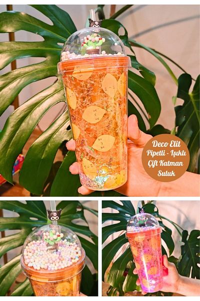 BiTon Toptan Beach Themed Water Bottle with Straw, Frosted Glass Appearance, Led Light, 450 ml Double Layer Mica 2768