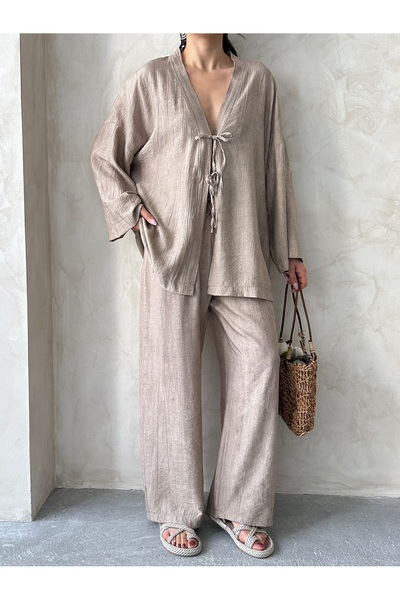 MD trend Women's Lace-Up Kimono - Pants Set