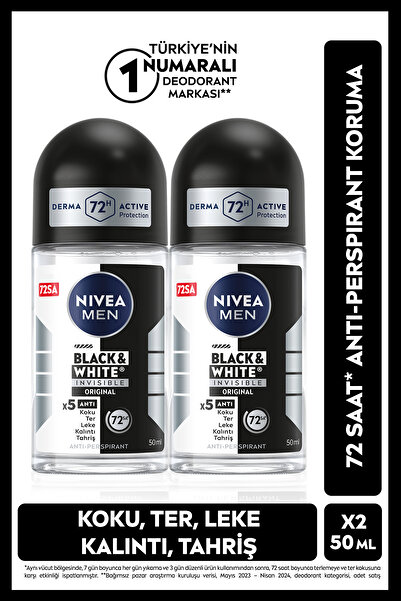 NIVEA MEN Erkek Roll-on Deodorant Black&white Invisible Original 50ml, 72 Saat Anti-perspirant, X2 Adet