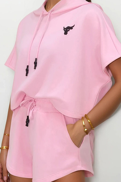 Trend Alaçatı Stili Női rózsaszín kapucnis Crop pulóver és rövidnadrág szett ALC-760-001-TK