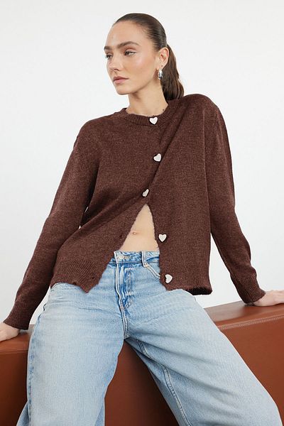 Trendyol Collection Brown Soft Texture Gem Button Jacket Look Knitwear Cardigan Twoaw22Hi0044