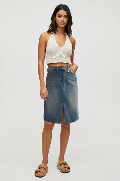 Trendyol Collection Синя джинсова спідниця міді з розрізами TWOSS25ET00022
