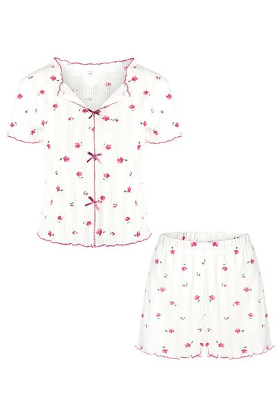 Trendyol Collection White-Pink 100% Cotton Floral Ribbon/Bow Ribbed Knitted Pajamas Set Thmss25Pt00434