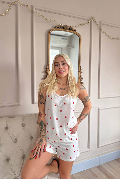 Pijamaevi Red Heart Patterned Rope Strap Shorts Women's Pajama Set