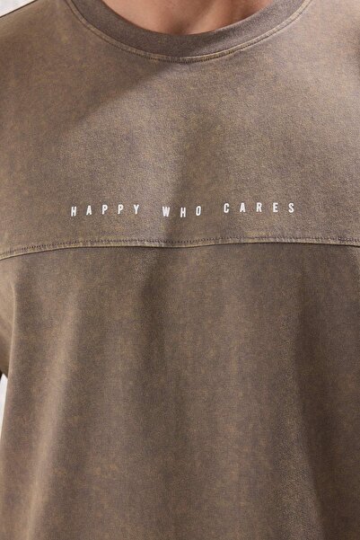 Trendyol Collection Anthracite Oversize T-Shirt 100% Cotton Faded Effect Text Print