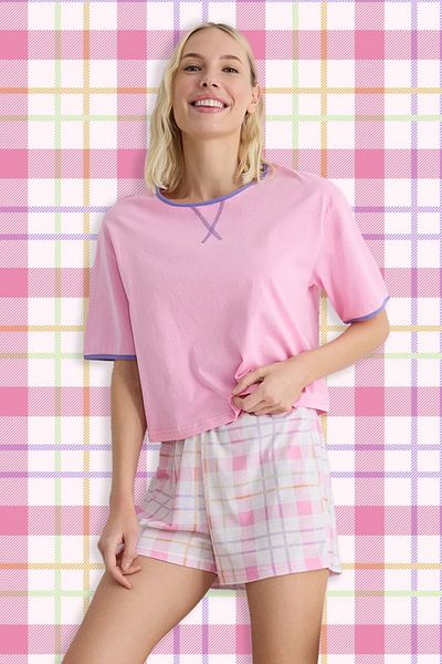Trendyol Collection Pink Plaid / Check Single Jersey Knitted Pajamas Set Thmss25Pt00097