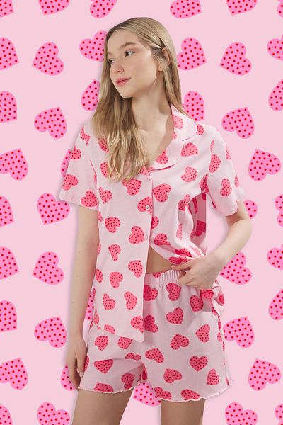 Trendyol Collection Pink 100% Cotton Heart Polka Dot Shorts Pajamas Set Thmss25Pt00301